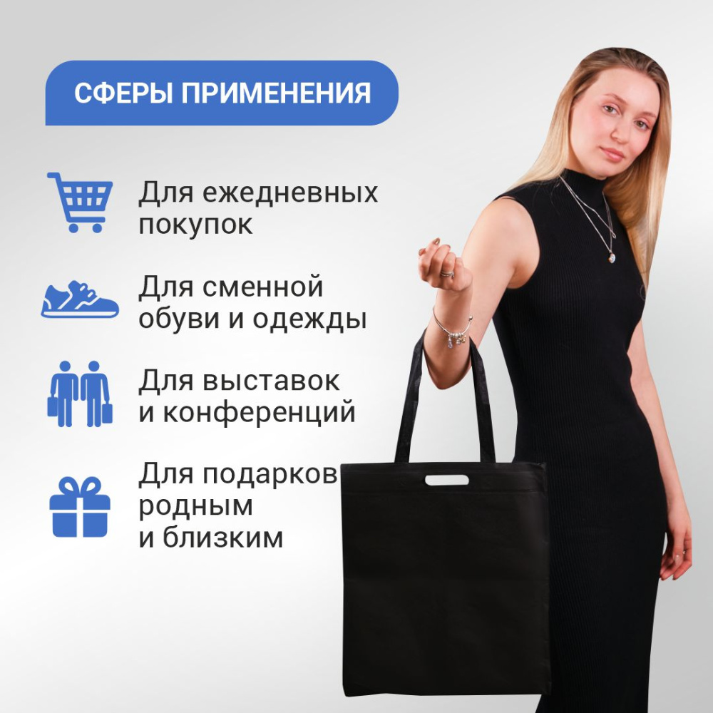 Сумка-шоппер из спанбонда с пришивными ручками 24 см, черная, 35 х 40 см